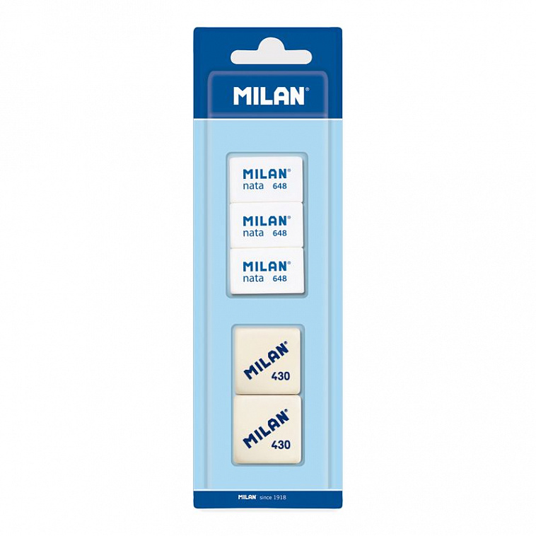 Набор ластиков Milan мягкие прямоугольные 3 шт. пластиковые + 2 шт. синтет.каучук мягкие в блистере