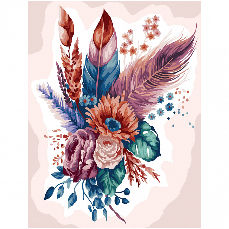 Картина по номерам на холсте ТРИ СОВЫ "Цветы и перья", 30*40 см, с акриловыми красками и кистями