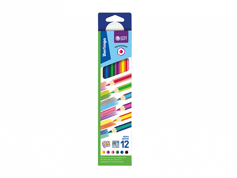 Набор карандашей цветных с двухцветным грифелем Berlingo "SuperSoft 2 in 1" 6 цв, картон, европодвес