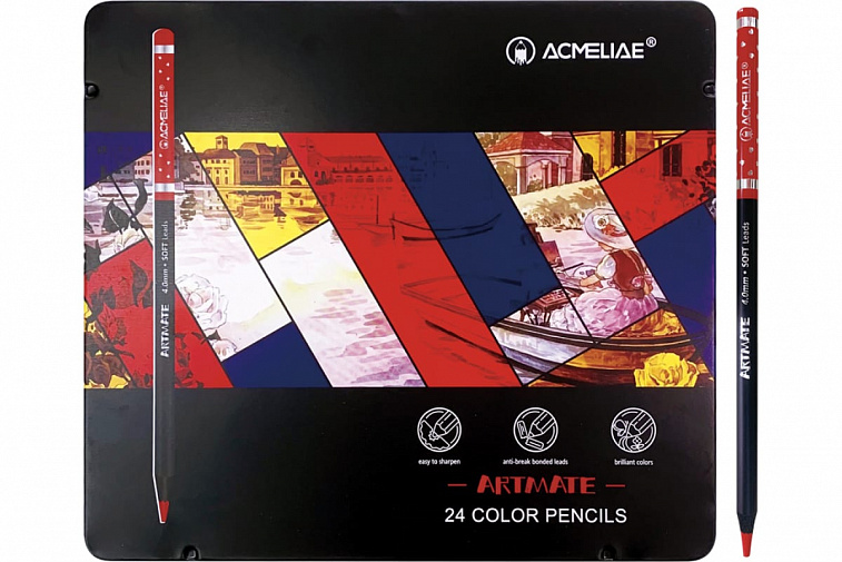 Набор карандашей цветных ACMELIAE "Blackwood Artmate" 24 цв, в металлическом футляре