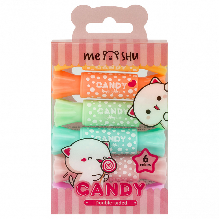 Набор текстовыделителей двусторонних MESHU "Candy", 6 цв., пастельные цвета, 2/4мм, ПВХ бокс с европ