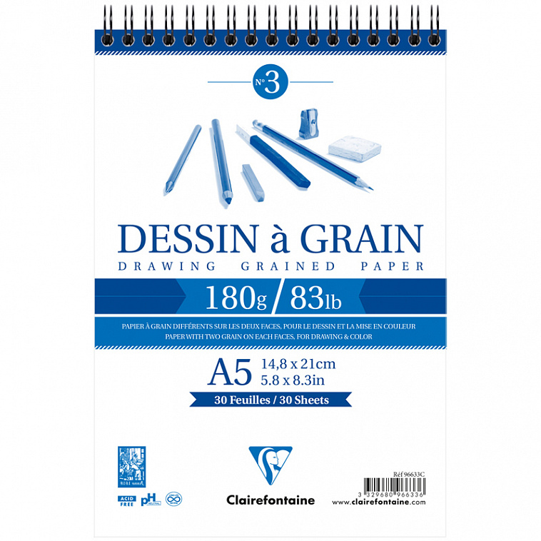 Блокнот для черчения Clairefontaine "Dessin a Grain" 14,8х21 см 30 л 180 г 606x758