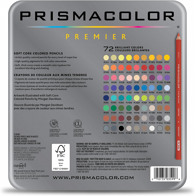 Набор карандашей цветные Prismacolor "Premier" 72 цвета, металлическая коробка