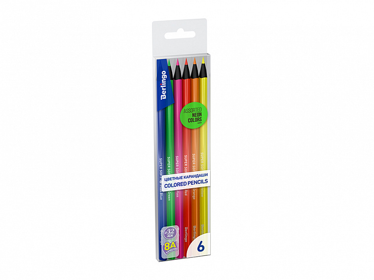 Набор цветных флуоресцентных карандашей Berlingo "SuperSoft Fluo" 6 цв трехгранные заточенные