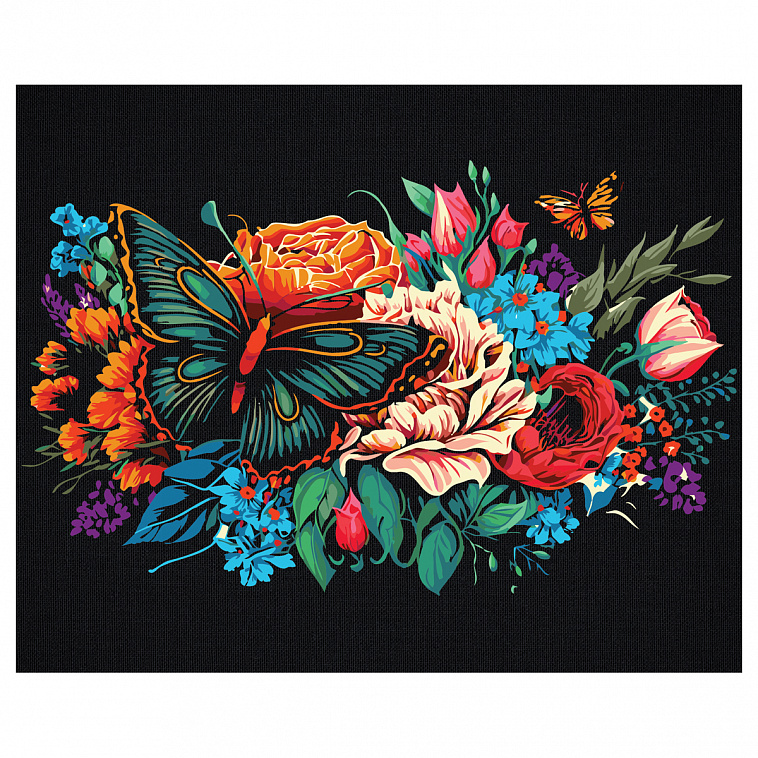 Картина по номерам на черном холсте ТРИ СОВЫ "Бабочка на цветах", 40*50 см, c акриловыми красками и 