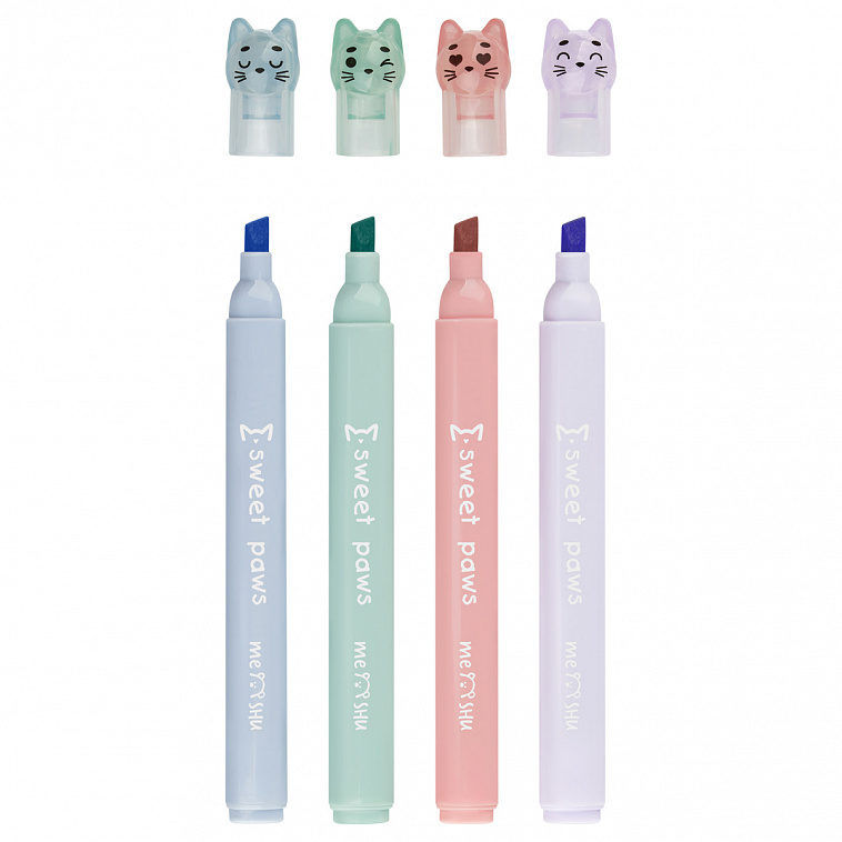 Набор текстовыделителей MESHU "Paw pastel", 4 цв., пастельные цвета, 1-4 мм, блистер с европодвесом