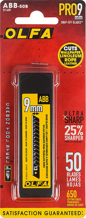 Лезвия OLFA сегментированные BLACK MAX 50 шт 9х80х0,38 мм, 13 сегментов 606x758