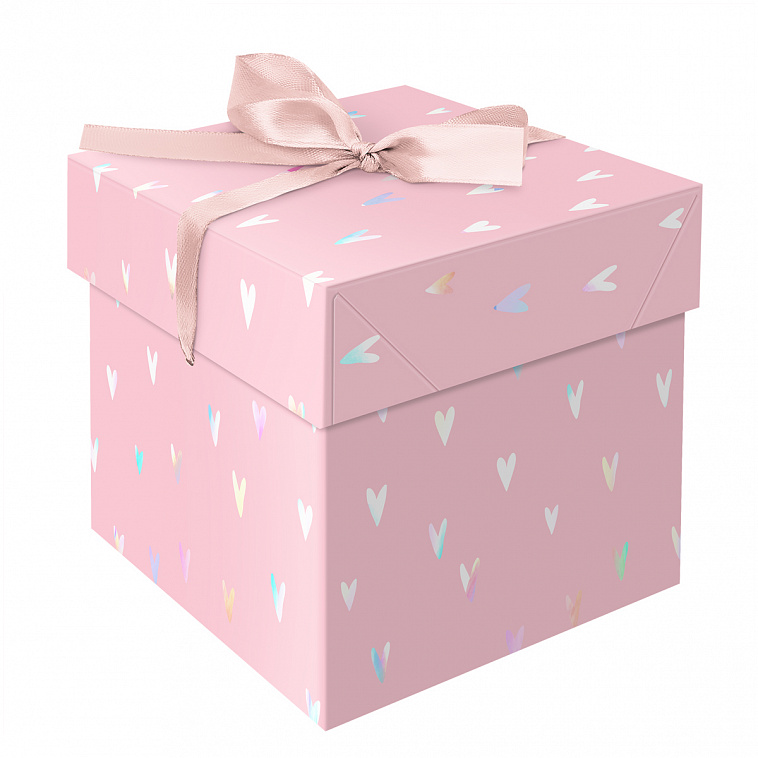 Коробка складная подарочная MESHU "Hearts", 15*15*15 см, с лентой, отд.фольгой